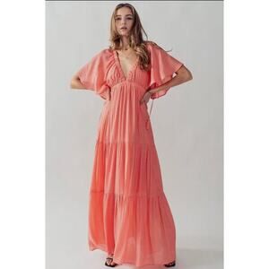 Deep V Neck Tiered Maxi Dress-Coral